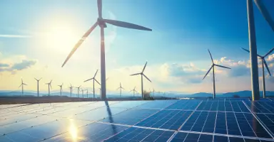 Painéis solares no campo com turbinas de energia eólica ao fundo, ilustrando fontes de energia renovável para o Programa de eficiência energética e o Programa Aliança.